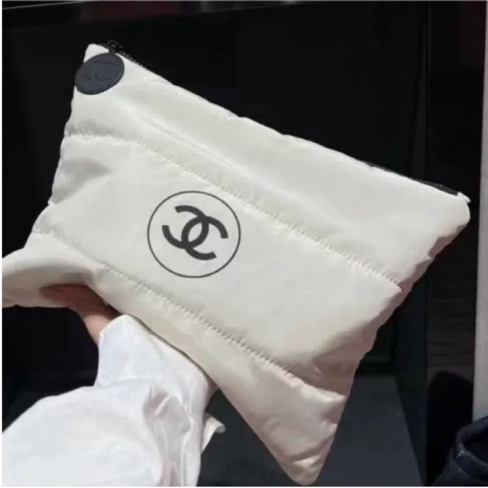 CHANEL Cream Quilted Logo Pouch